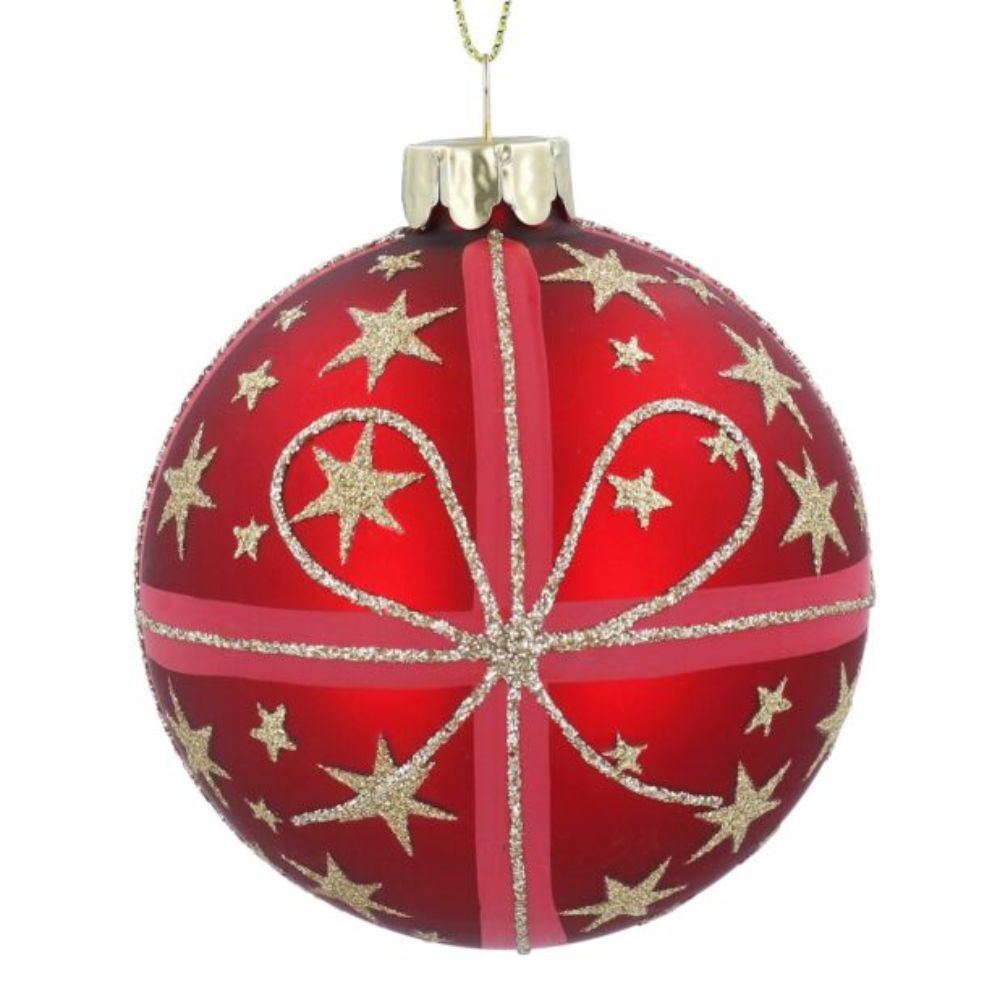 Gisela Graham Red with Gold Stars & Bow Glass Bauble