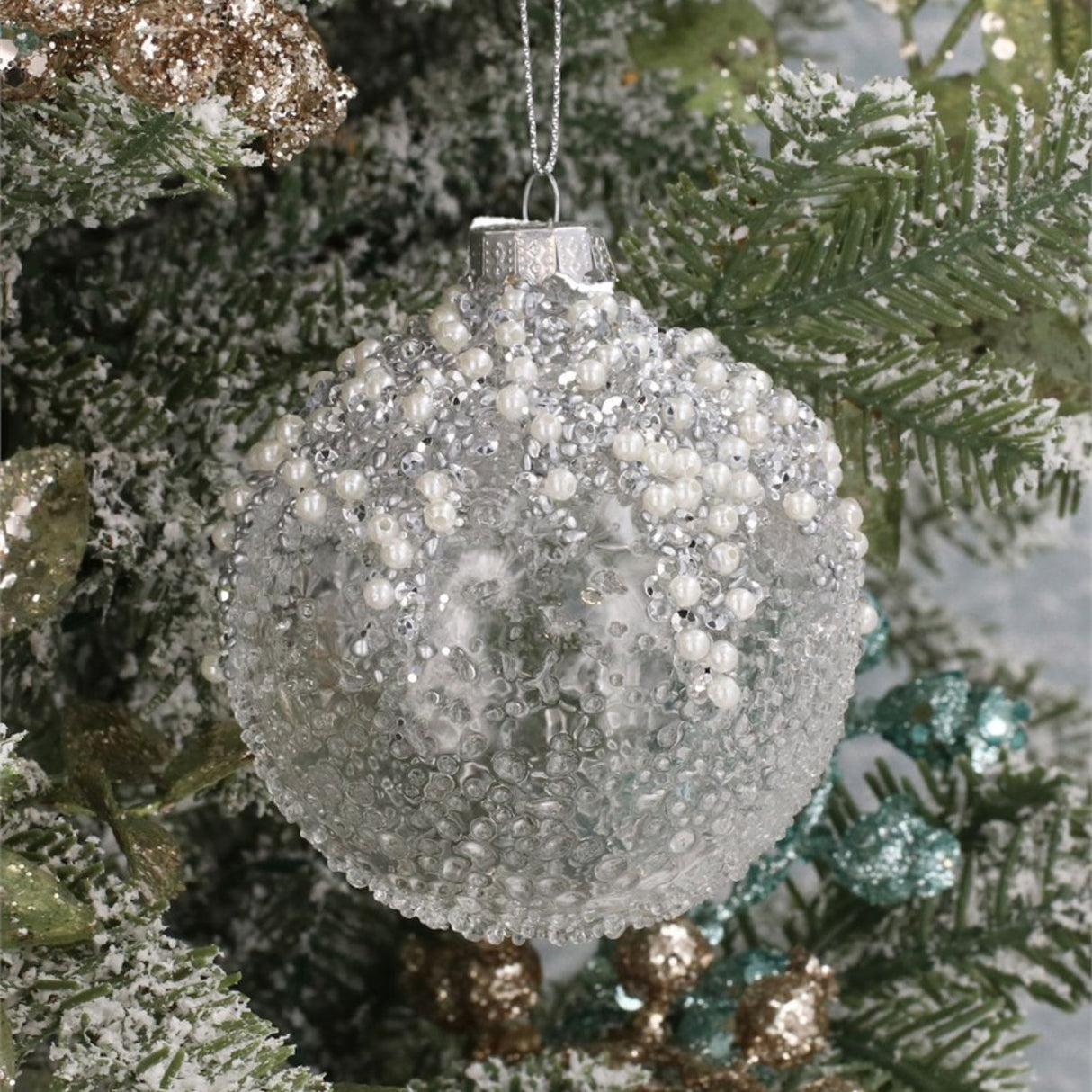 Gisela Graham Silver Glitter & Pearl Crushed Clear Glass Bauble