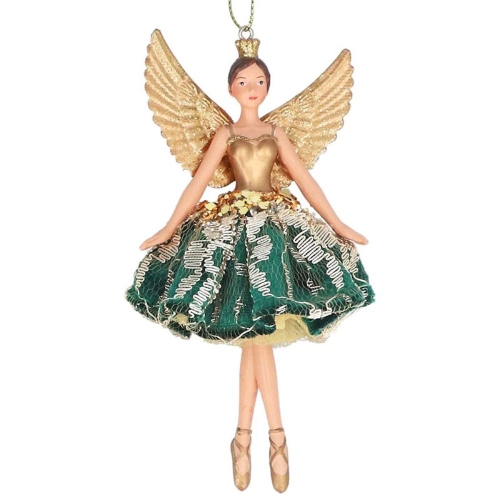 Gisela Graham 13cm Velvet Lace Fairy Hanging Decoration - Green/Gold