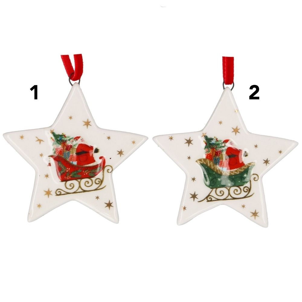 Gisela Graham 6cm Ceramic Star Santa Hanging Decoration - (Choice of 2)