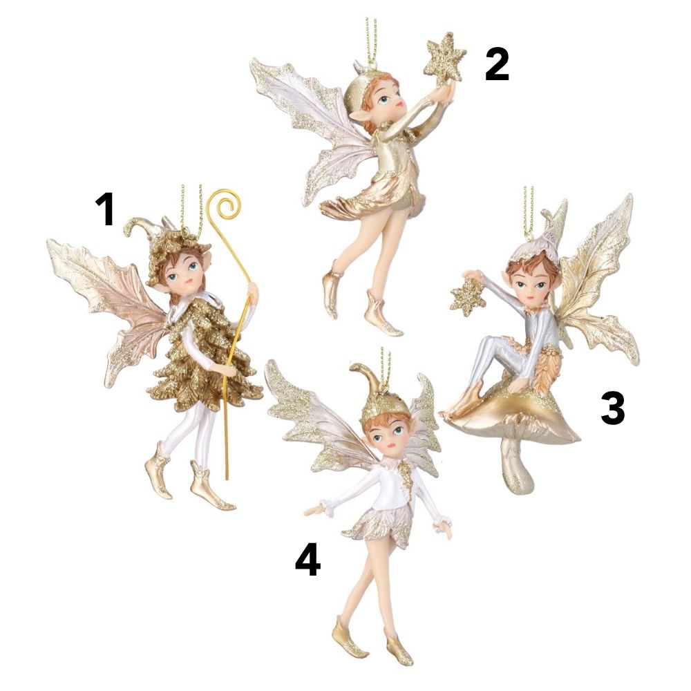 Gisela Graham 9cm Resin Pixie Hanging Decoration - Gold/White - (Choice of 4)