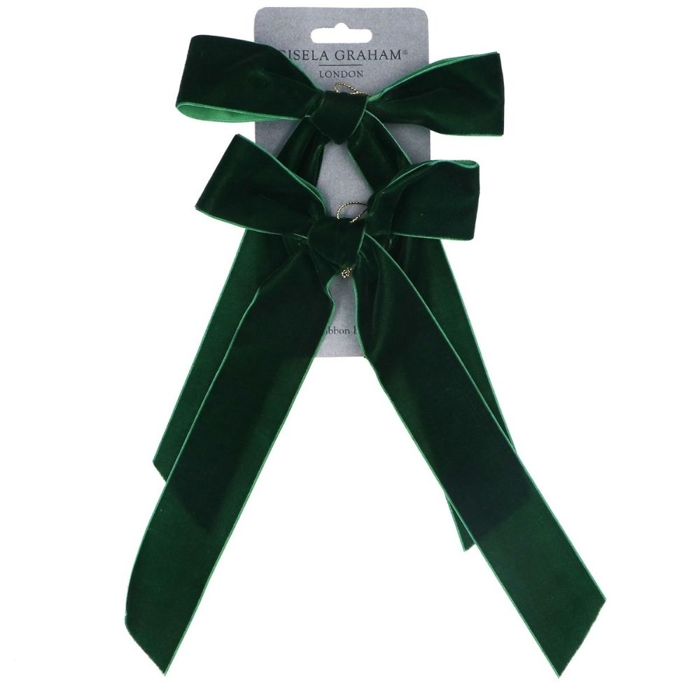 Gisela Graham Velvet Bow Clip Tree Decoration - Dark Green - (Set of 2)