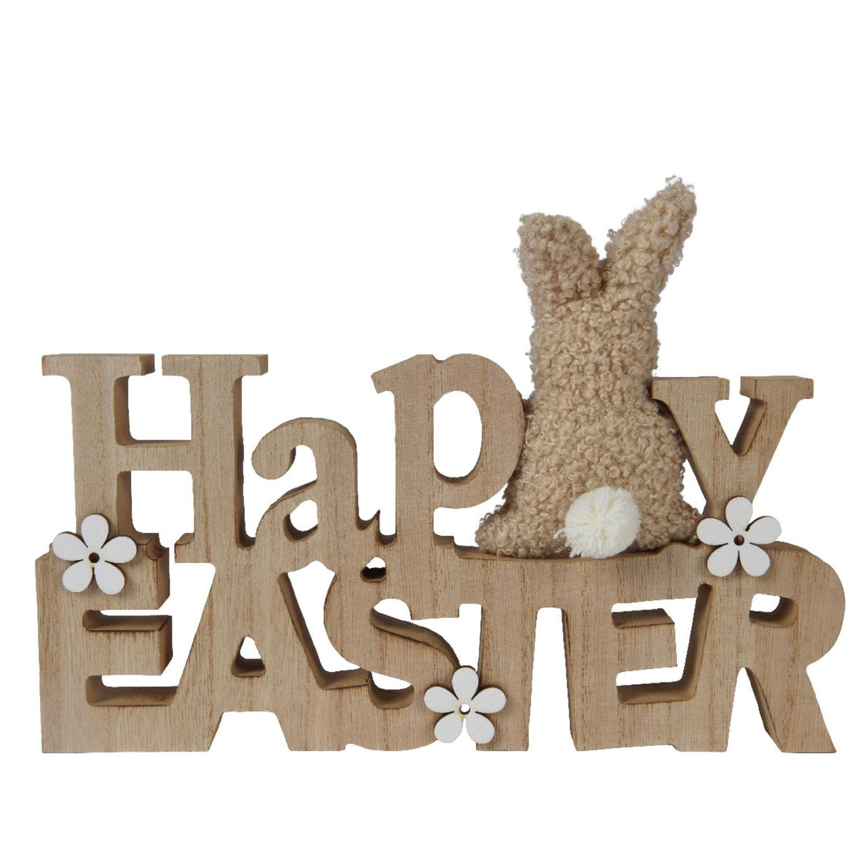 Kaemingk 27cm Happy Easter with Bunny and Flowers Ornament (70% Sustainably Sourced Wood)