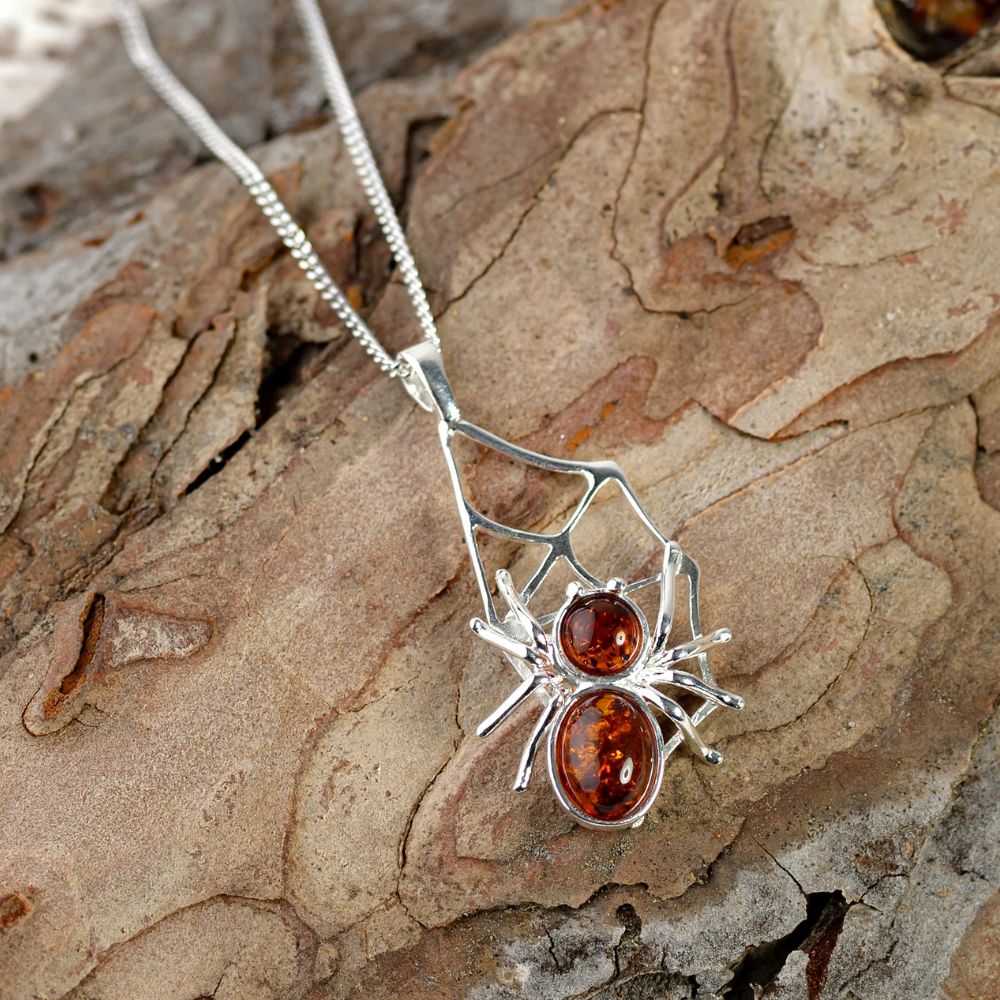 Henryka 18'' Silver & Amber Spider On Web Necklace