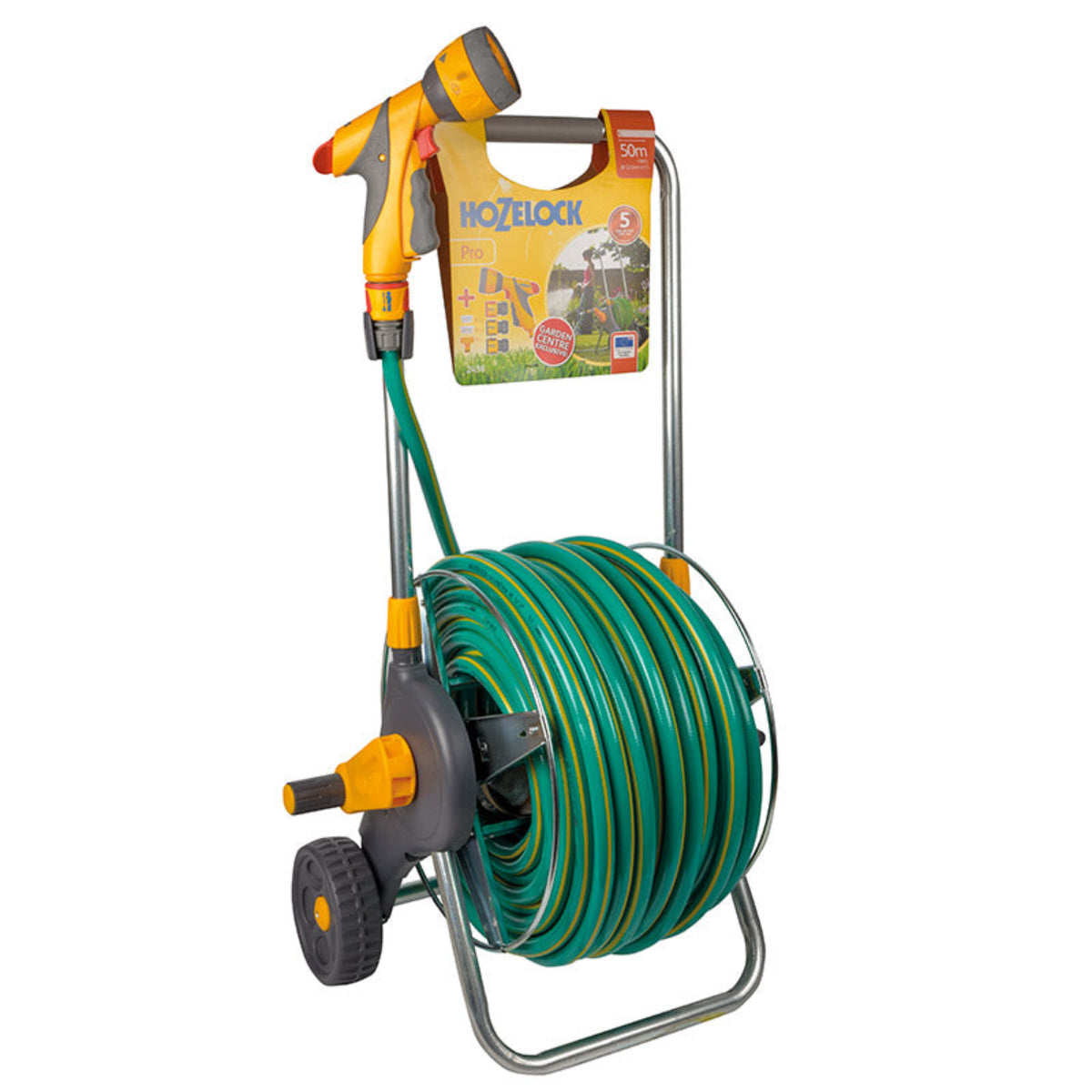 Hozelock Metal Hose Cart with 50m Hose & Spray Gun