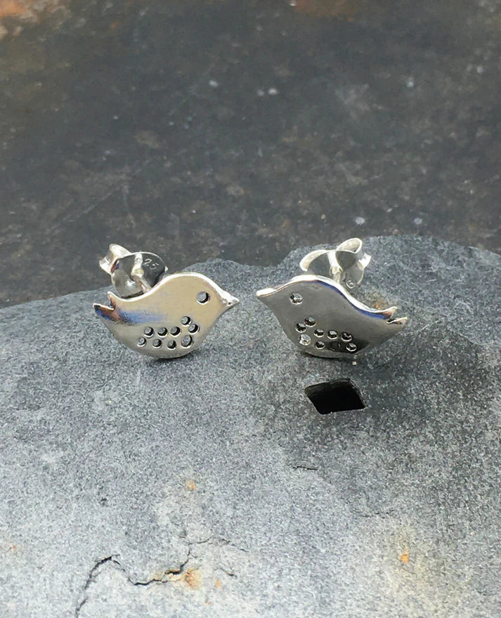 Blue Lily 12mm Silver Robins Stud Earrings - S455B