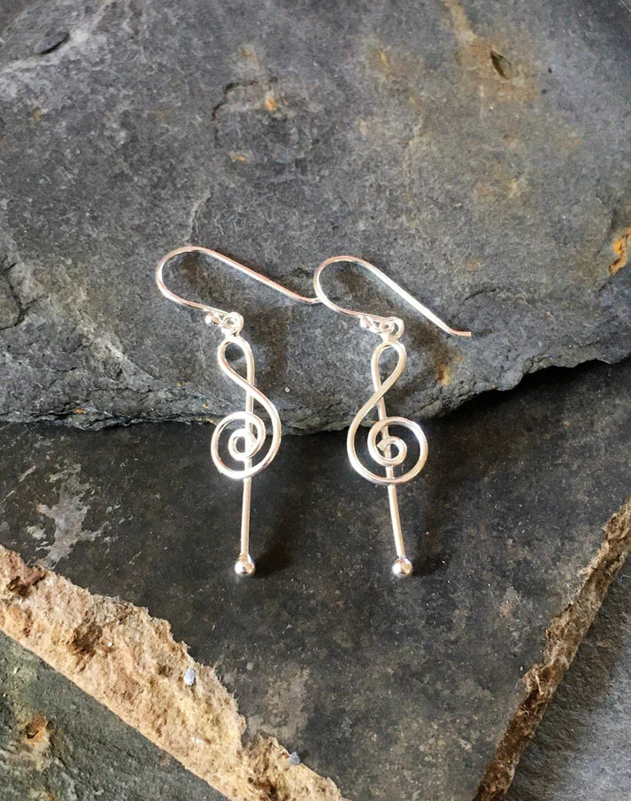 Blue Lily 26mm Silver Treble Clef Wire Drop Earrings - E574B