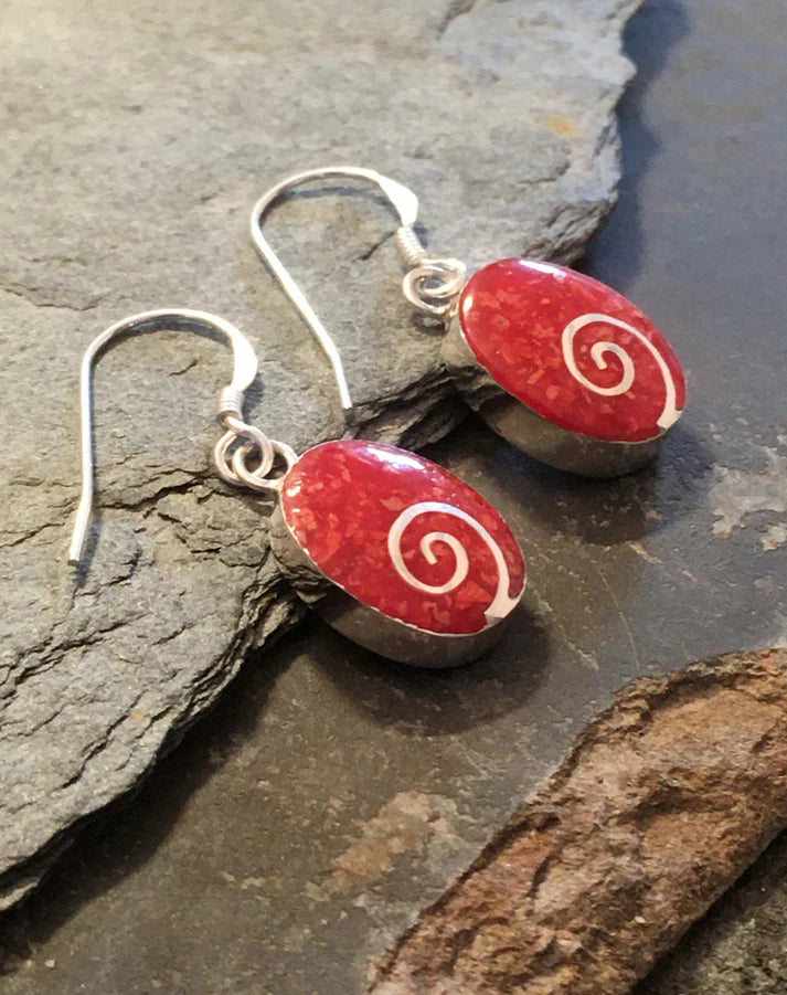 Blue Lily 13mm Red Oval Swirl Drop Earrings - SE277B