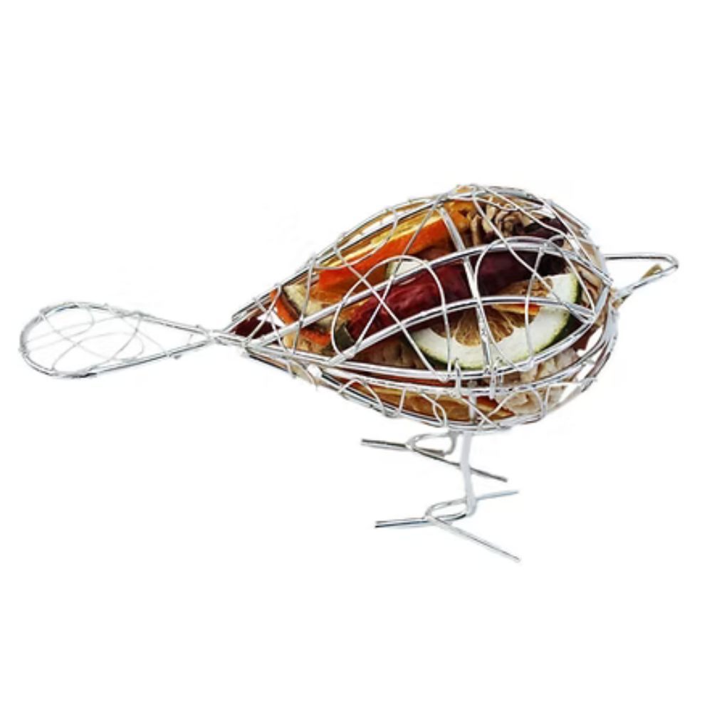 Jormaepourri Metal Robin Filled With Scented Dried Fruits And Cones - Silver