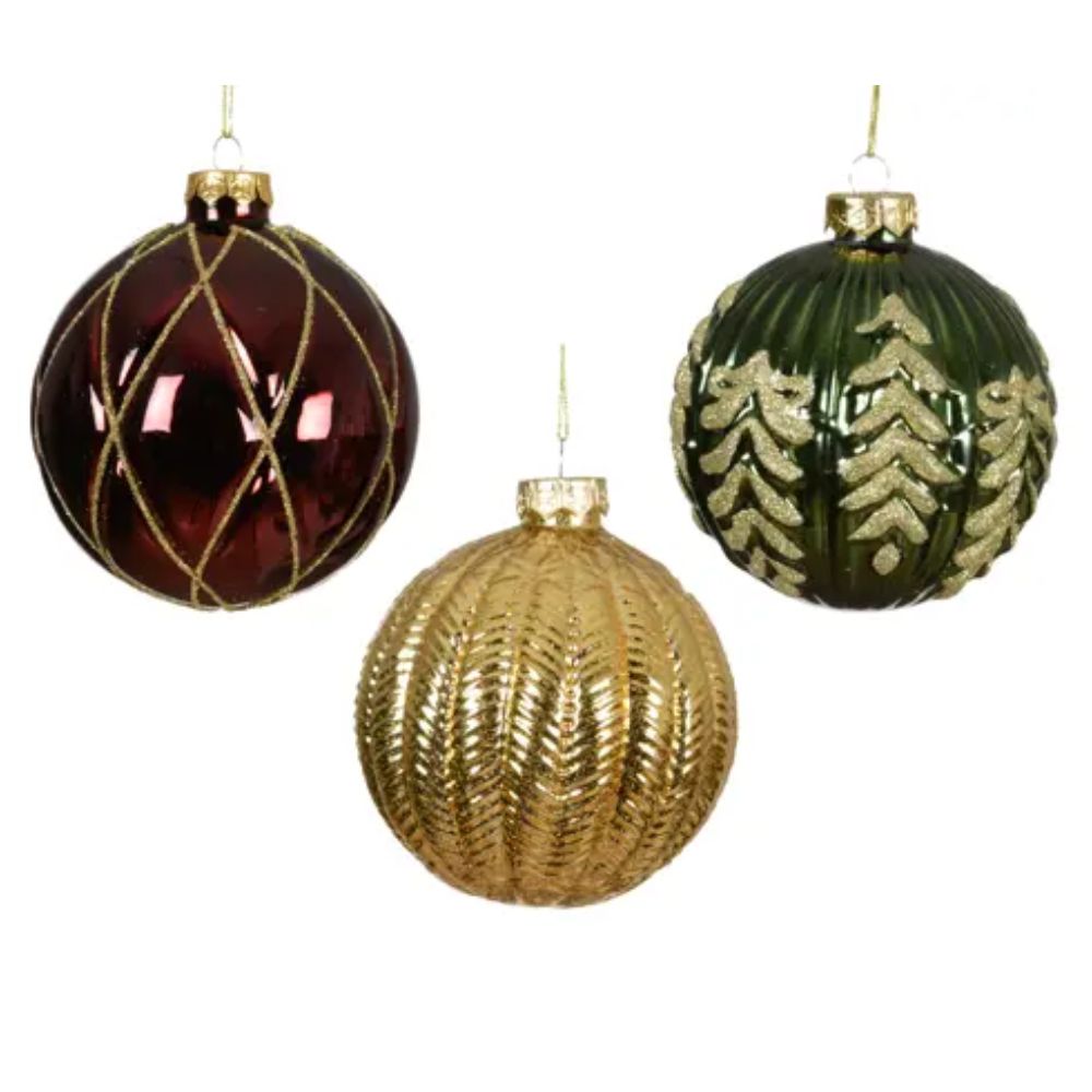 Decoris 10cm Red/green/gold Shiny Glitter Baubles (Choice of 3)