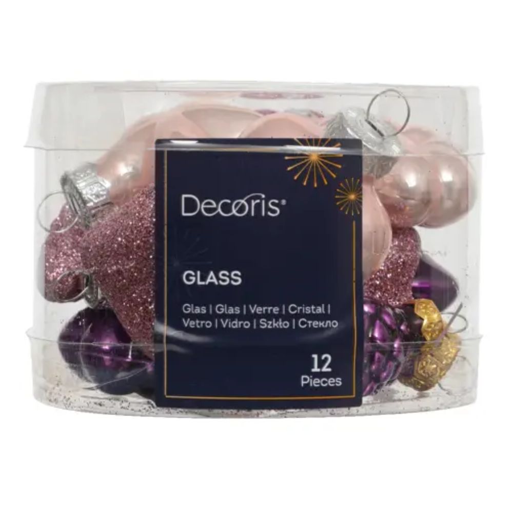 Decoris 12 Assorted Pink & Purple Enamel Glass Figure Bauble Pack