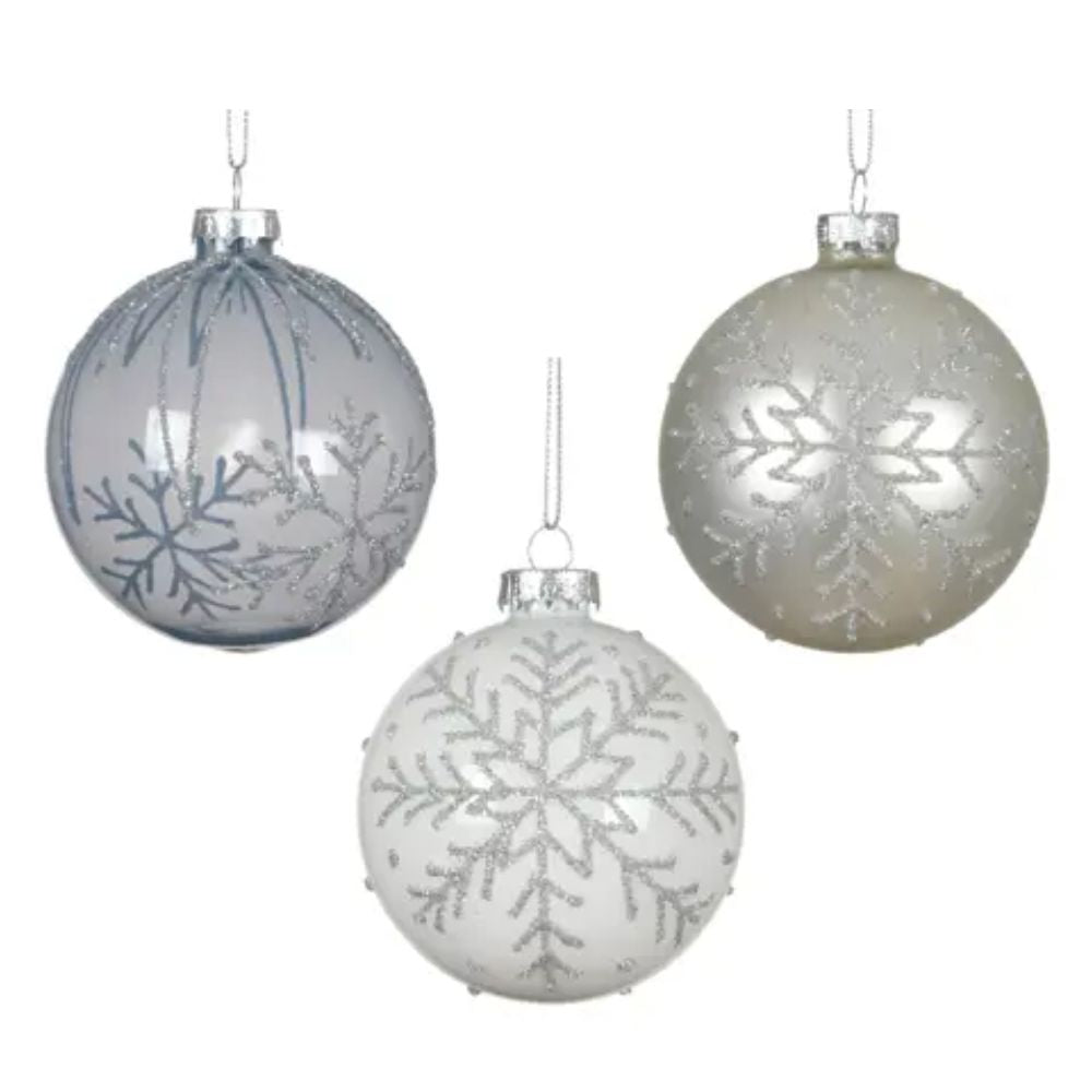 Decoris 8cm Transparent/Silver Bauble with Snowflake Design (Choice of 3)