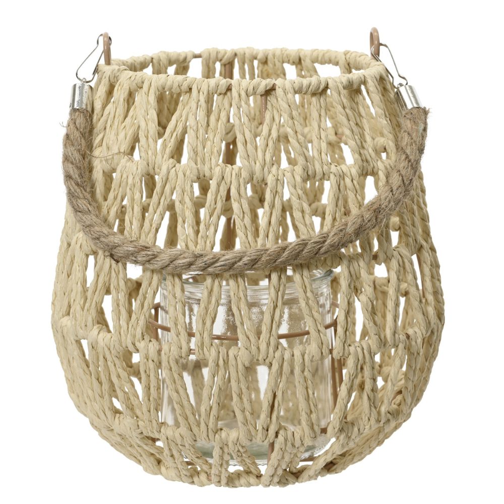 Decoris Paper rope Lantern with Jute Rope Handle & Glass Cup