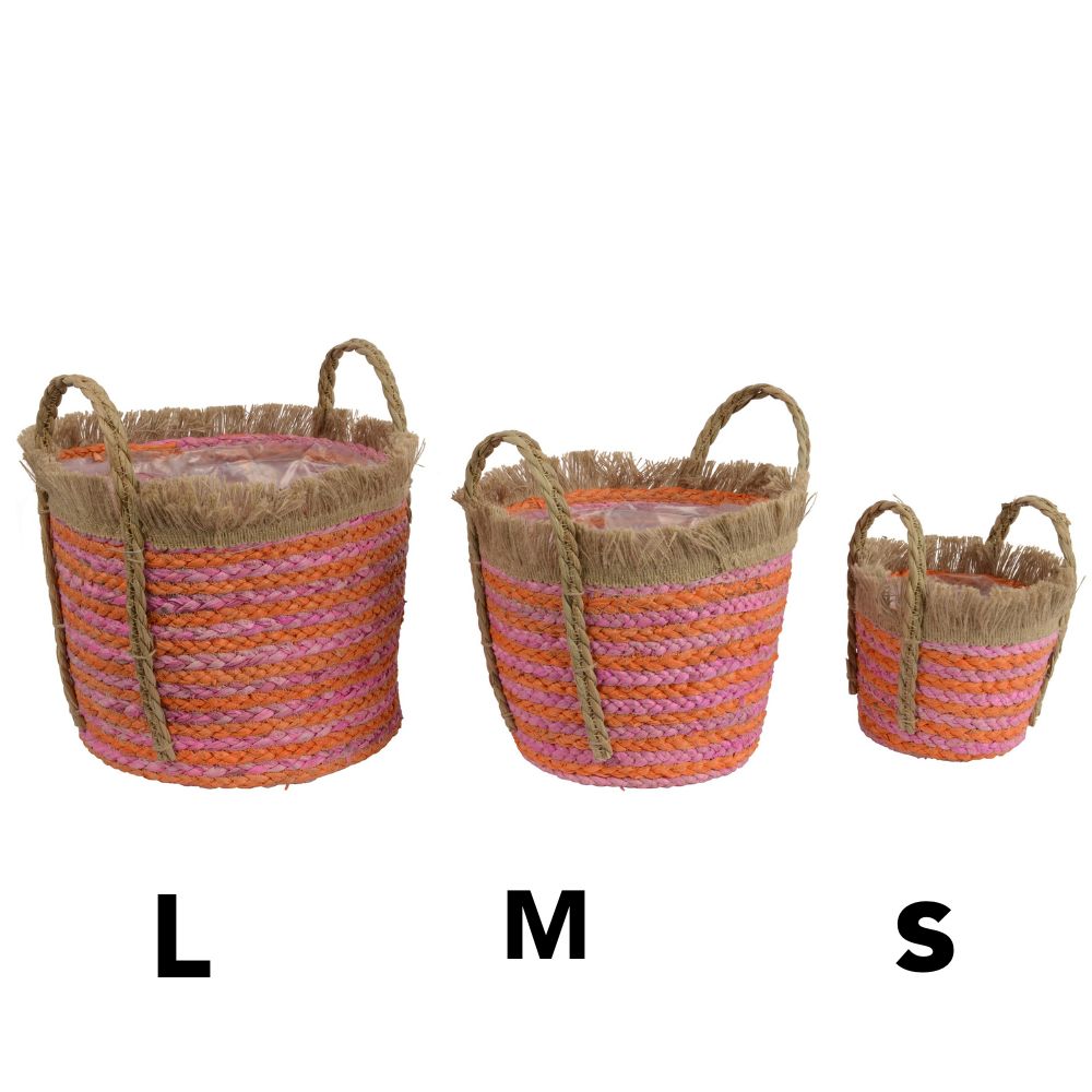 Decoris Small Round Corn Leaf Planter with Handle - Pink & Orange