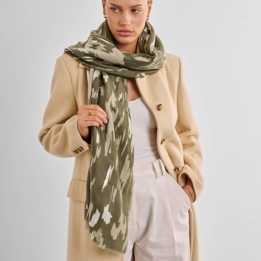 Katie Loxton Animal Printed Foil Scarf - Olive/Sand