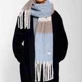 Katie Loxton Blue, Mink & Off White Recycled Striped Tassel Scarf