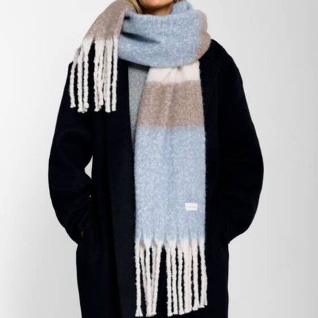 Katie Loxton Blue, Mink & Off White Recycled Striped Tassel Scarf