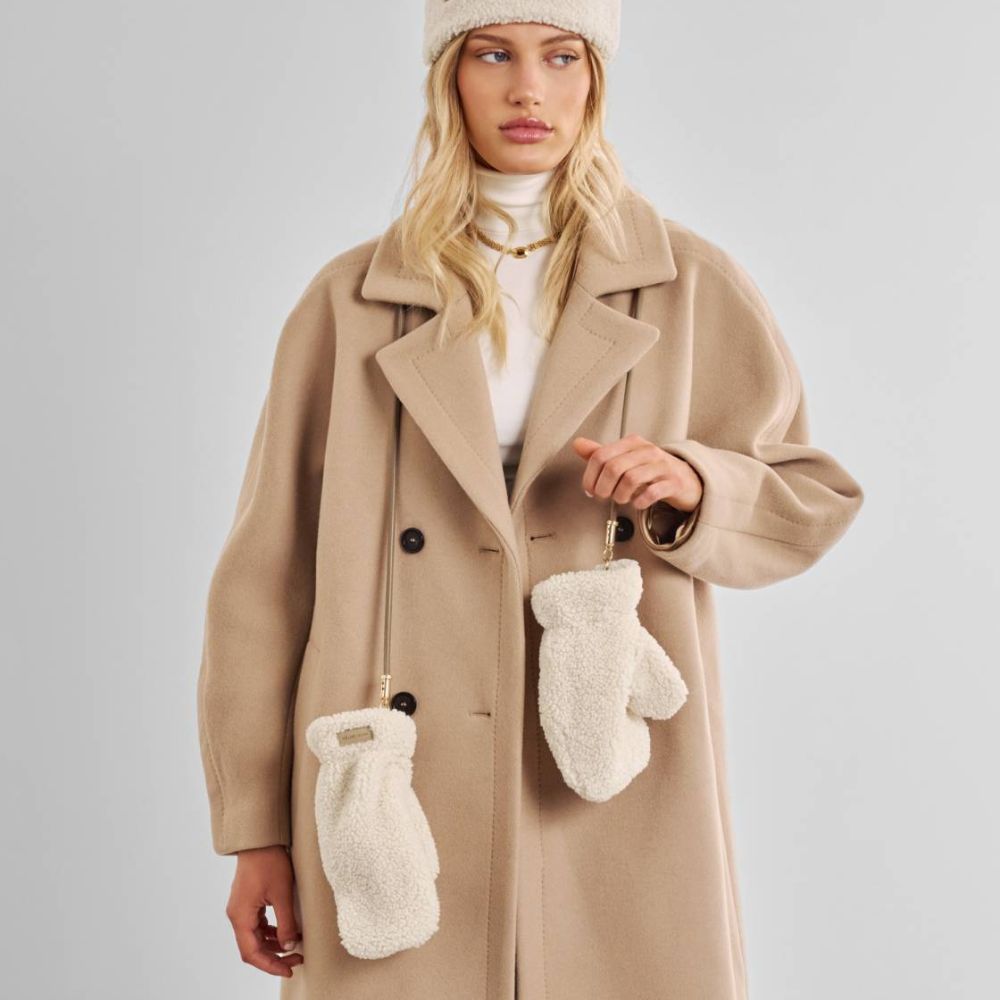 Katie Loxton Borg Mittens with Cord - Taupe/Cream