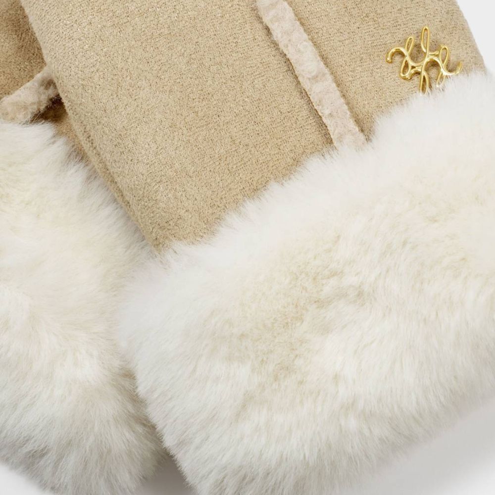 Katie Loxton Faux Suede Mittens with Cord - Taupe/Cream