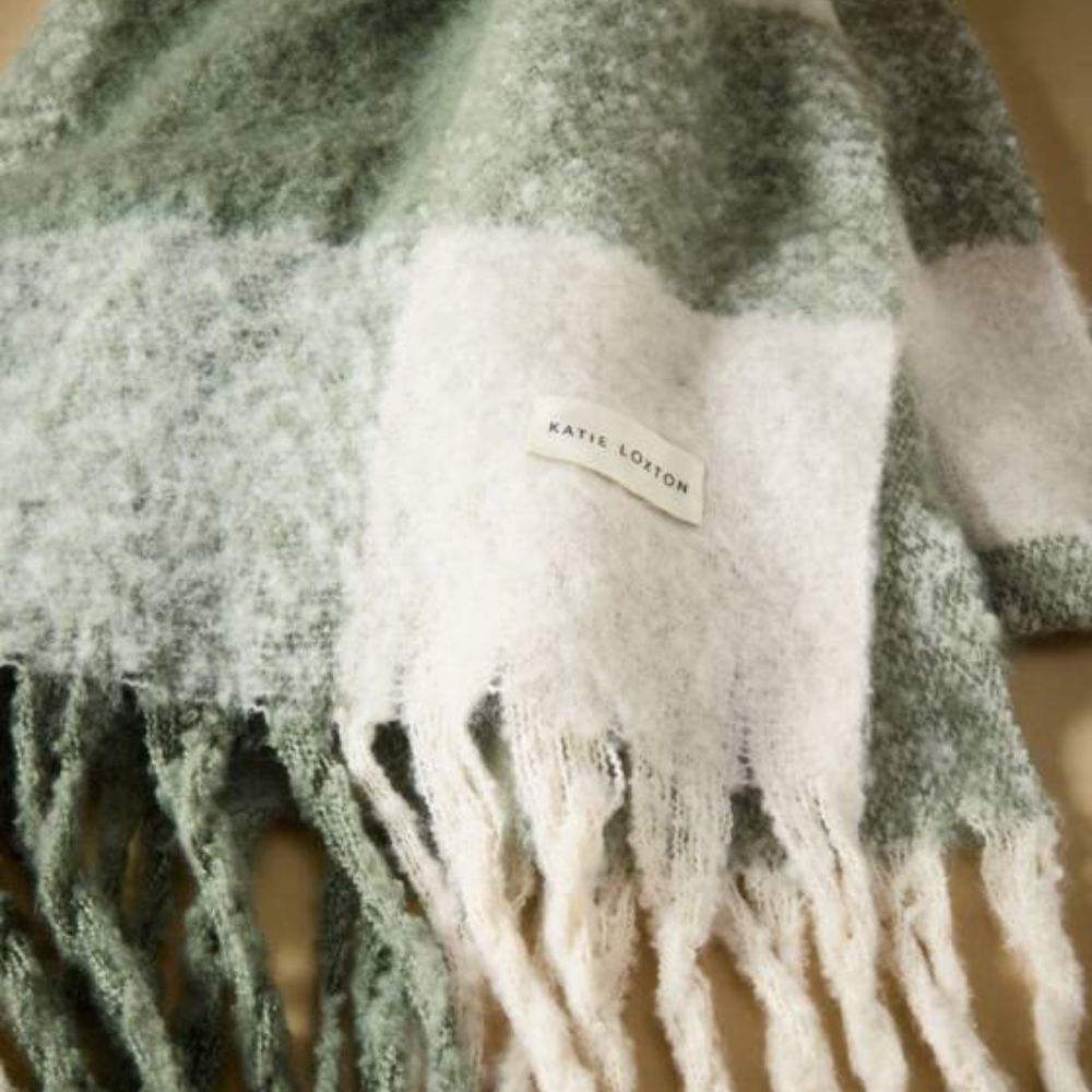 Katie Loxton Graphite Green Recycled Checked Tassel Scarf