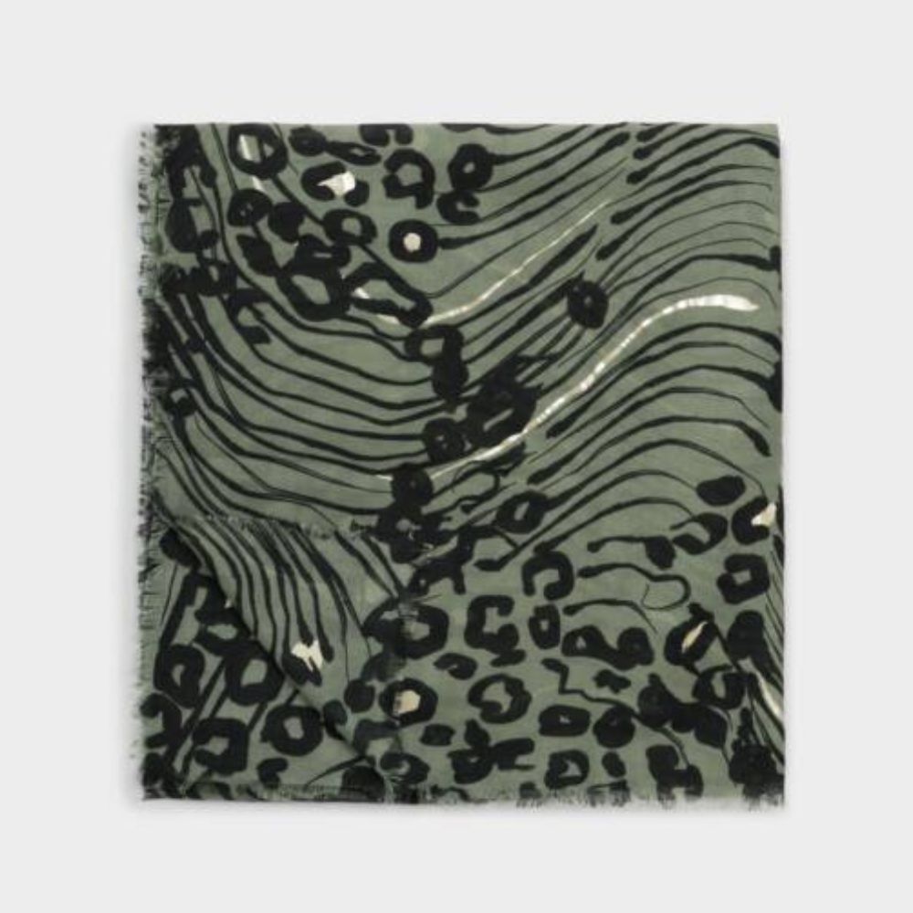 Katie Loxton Khaki, Black & Silver Abstract Animal Printed Foil Scarf