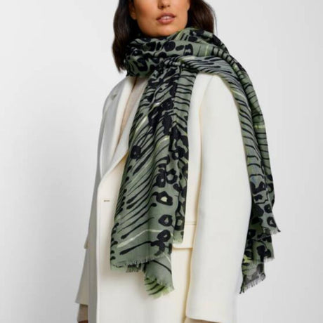 Katie Loxton Khaki, Black & Silver Abstract Animal Printed Foil Scarf
