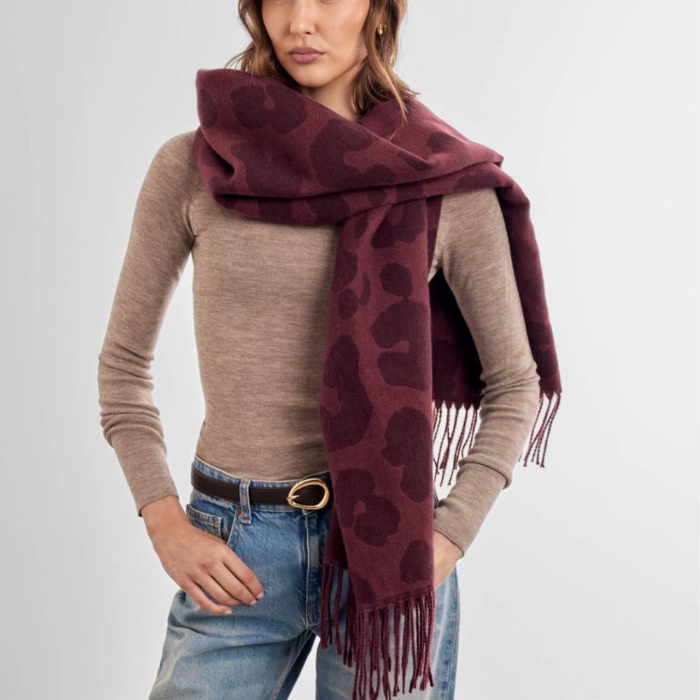Katie Loxton Leopard Printed Blanket Scarf - Mauve/Cherry