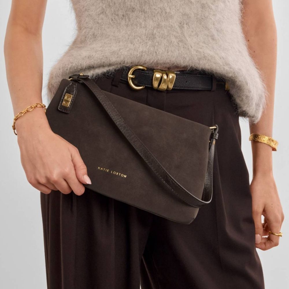 Katie Loxton Orin Twist Lock Suedette Small Shoulder Bag - Bitter Chocolate