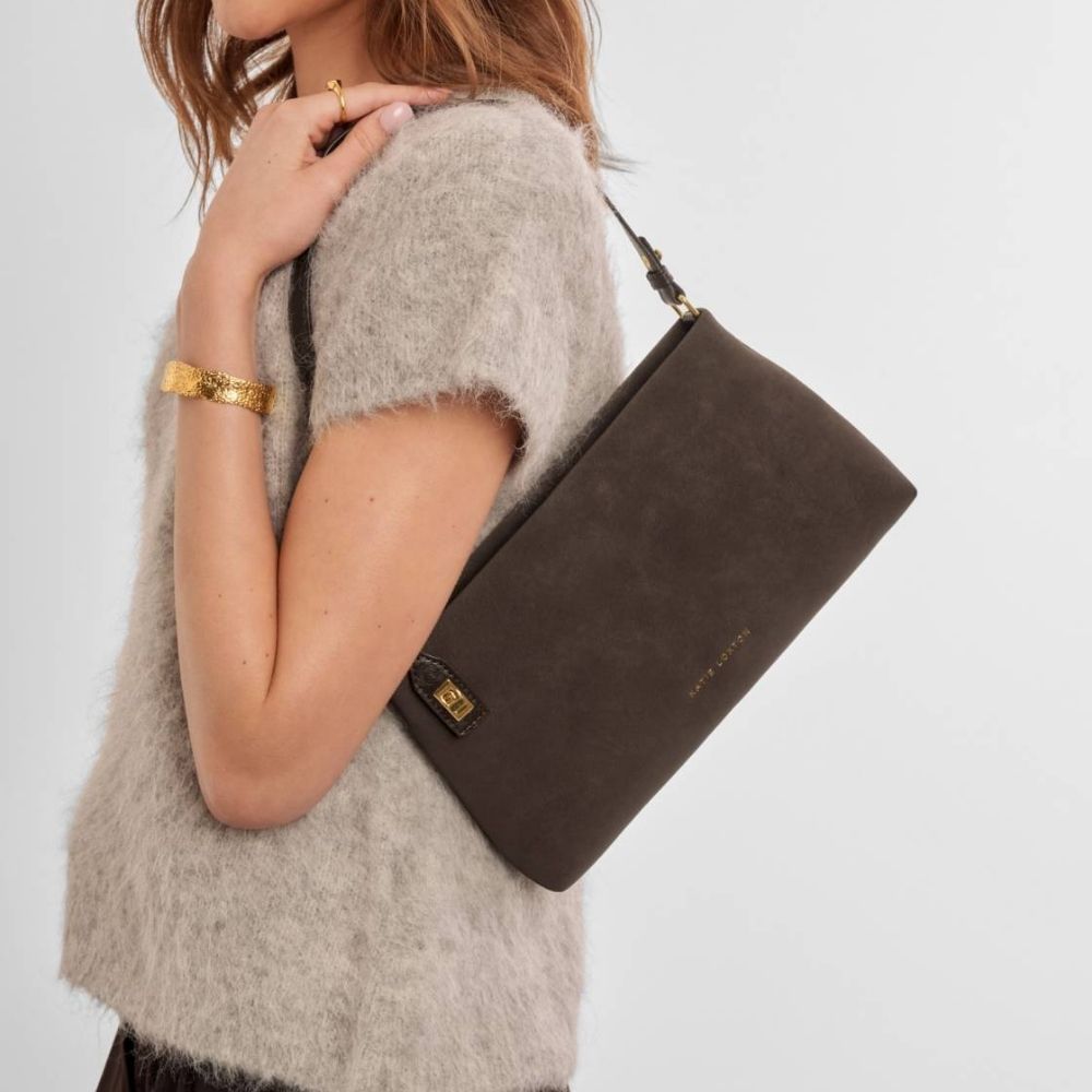 Katie Loxton Orin Twist Lock Suedette Small Shoulder Bag - Bitter Chocolate