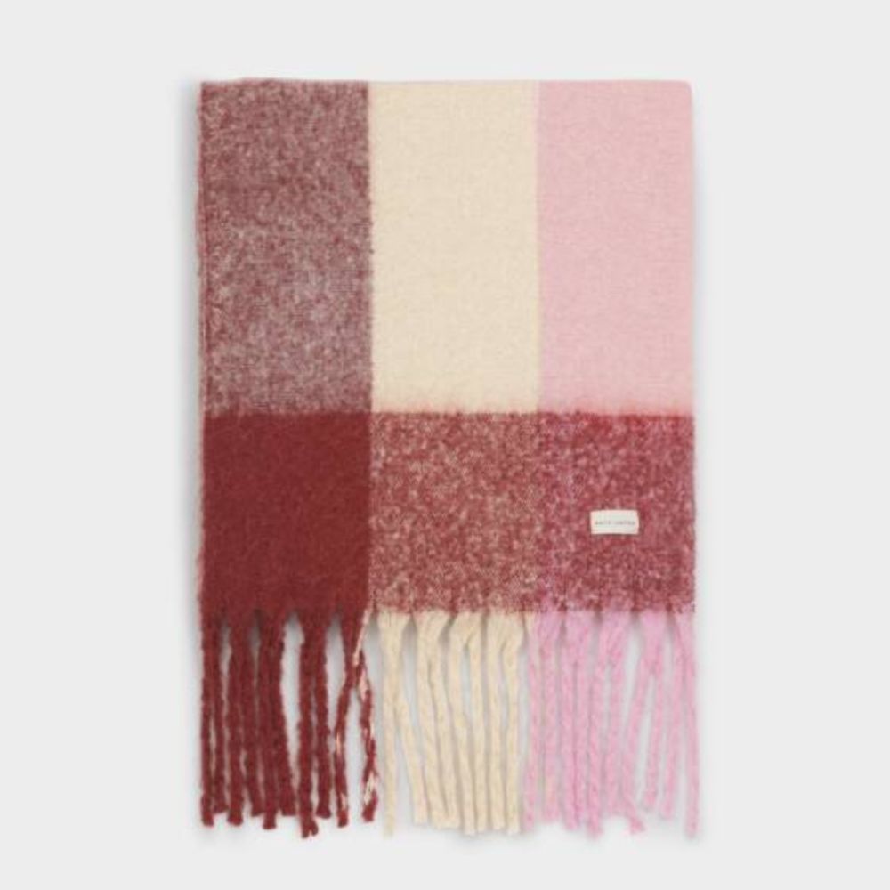 Katie Loxton Pink & Burgandy Recycled Checked Tassel Scarf