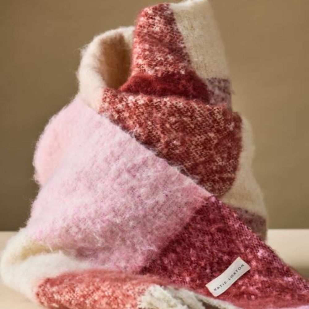 Katie Loxton Pink & Burgandy Recycled Checked Tassel Scarf