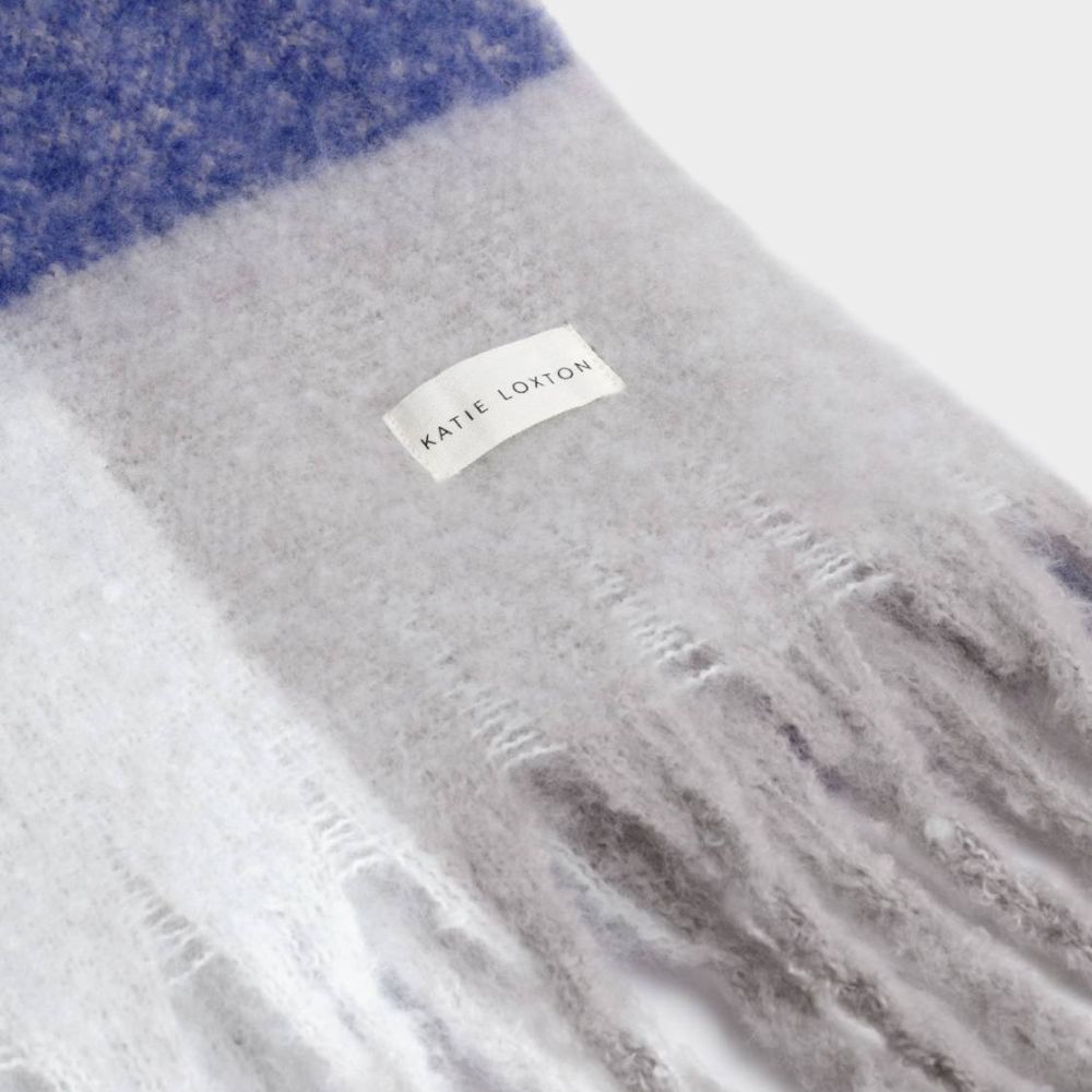Katie Loxton Recycled Checked Tassel Scarf - Blue/Grey