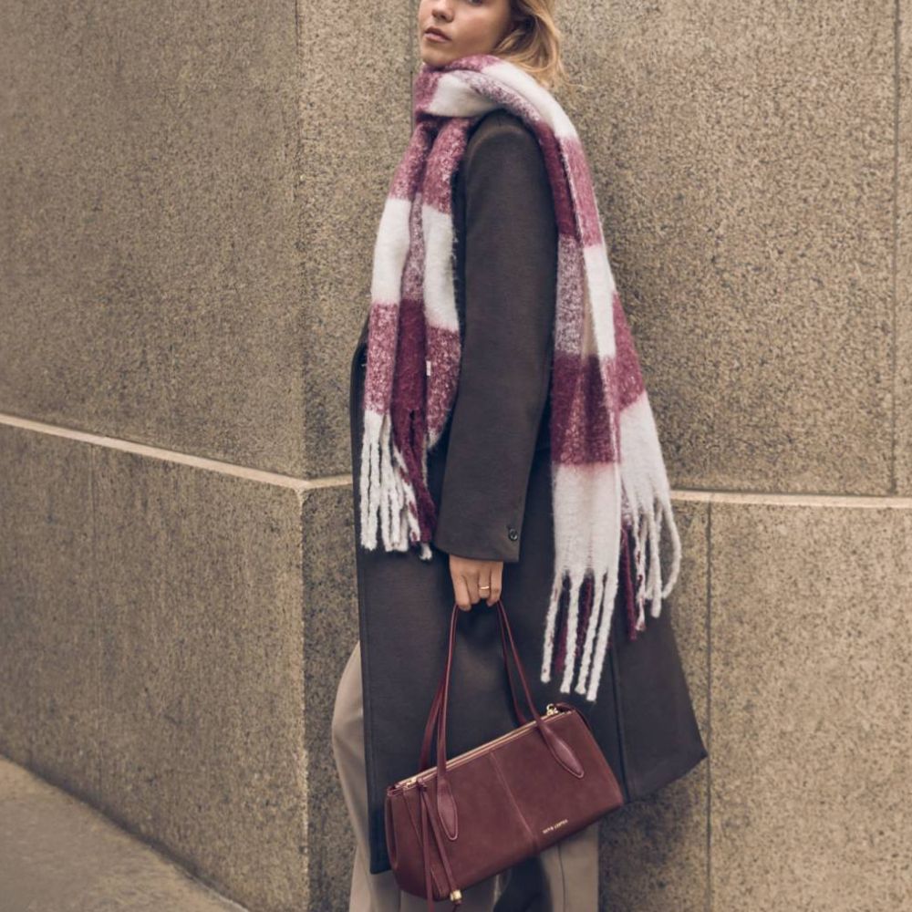 Katie Loxton Recycled Checked Tassel Scarf - Cherry