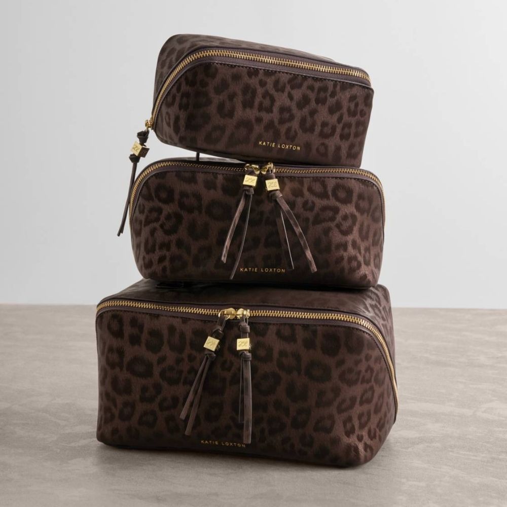 Katie Loxton Soho Medium Makeup & Wash Bag - Chocolate Leopard