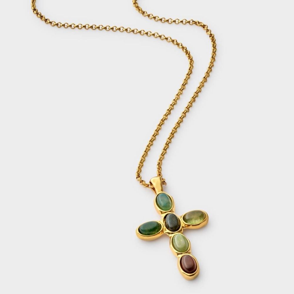 Katie Loxton Stone Cross Waterproof Gold Necklace - Green Agate