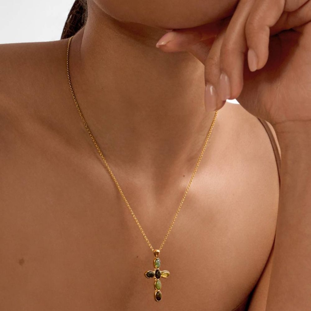 Katie Loxton Stone Cross Waterproof Gold Necklace - Green Agate