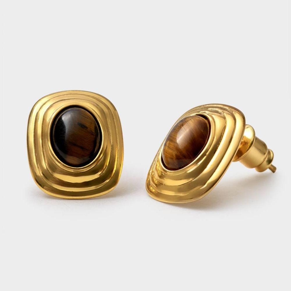 Katie Loxton Tiger's Eye Waterproof Gold Button Stud Earrings