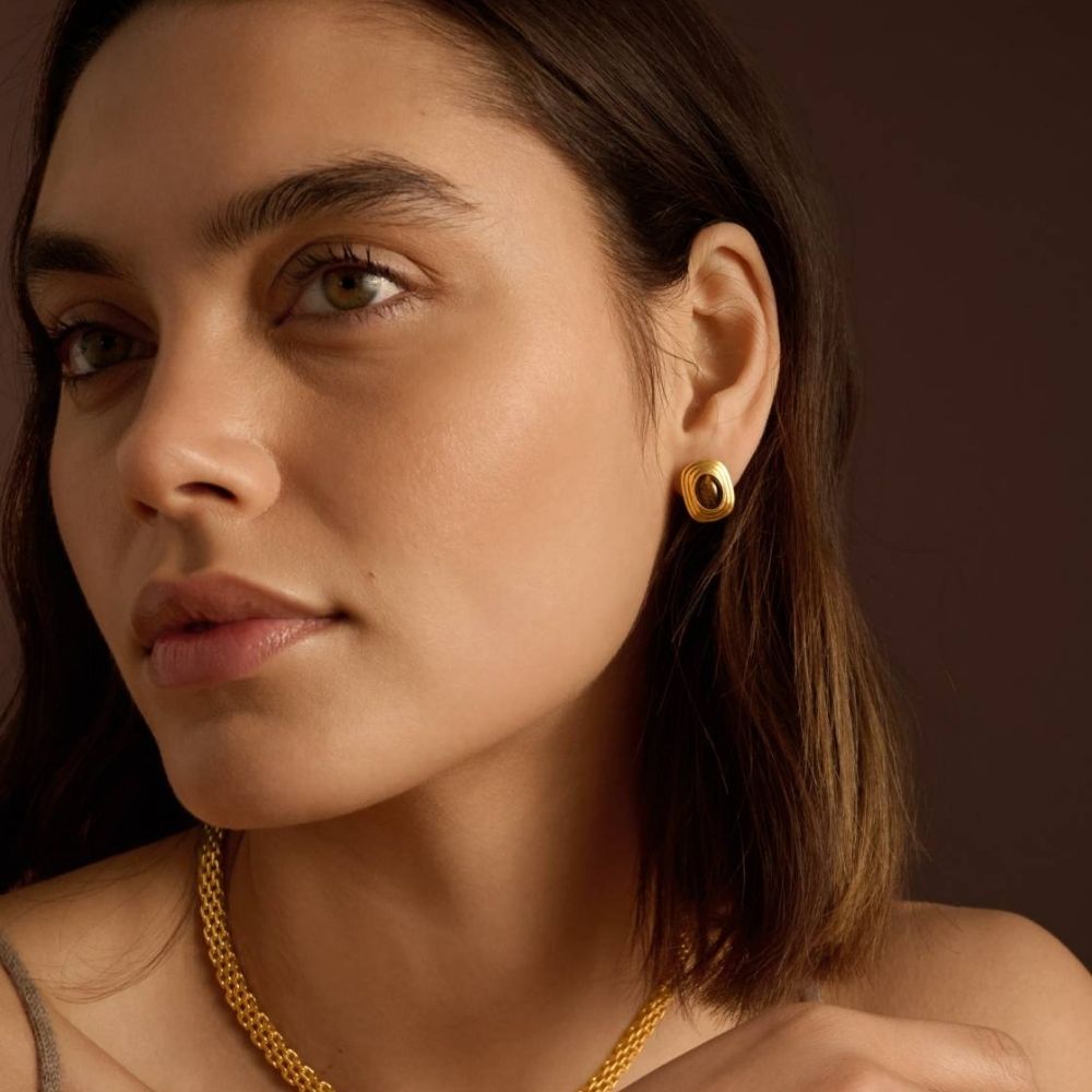 Katie Loxton Tiger's Eye Waterproof Gold Button Stud Earrings