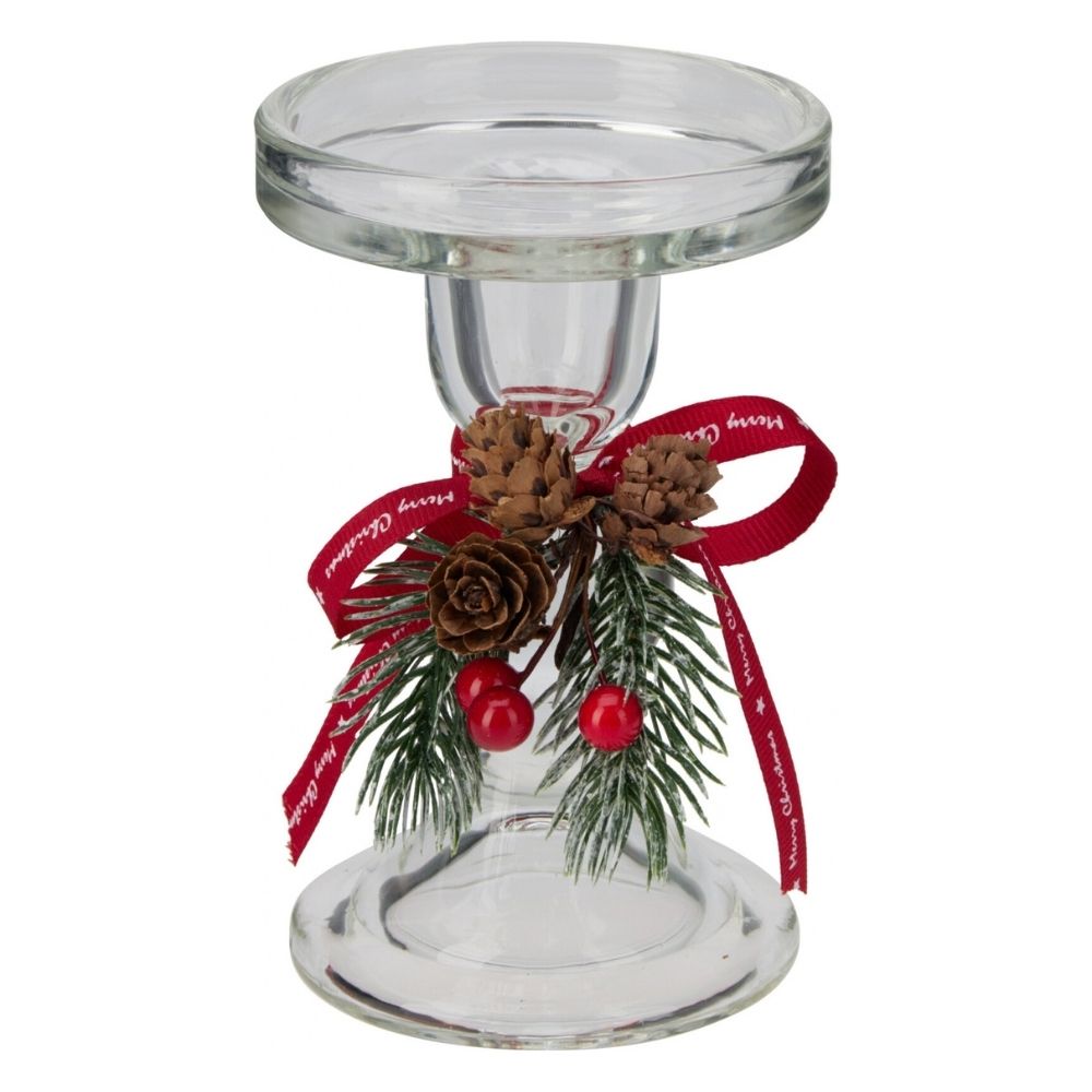 Koopman 13.5cm Festive Foliage Red Ribbon Arcylic Candle Holder