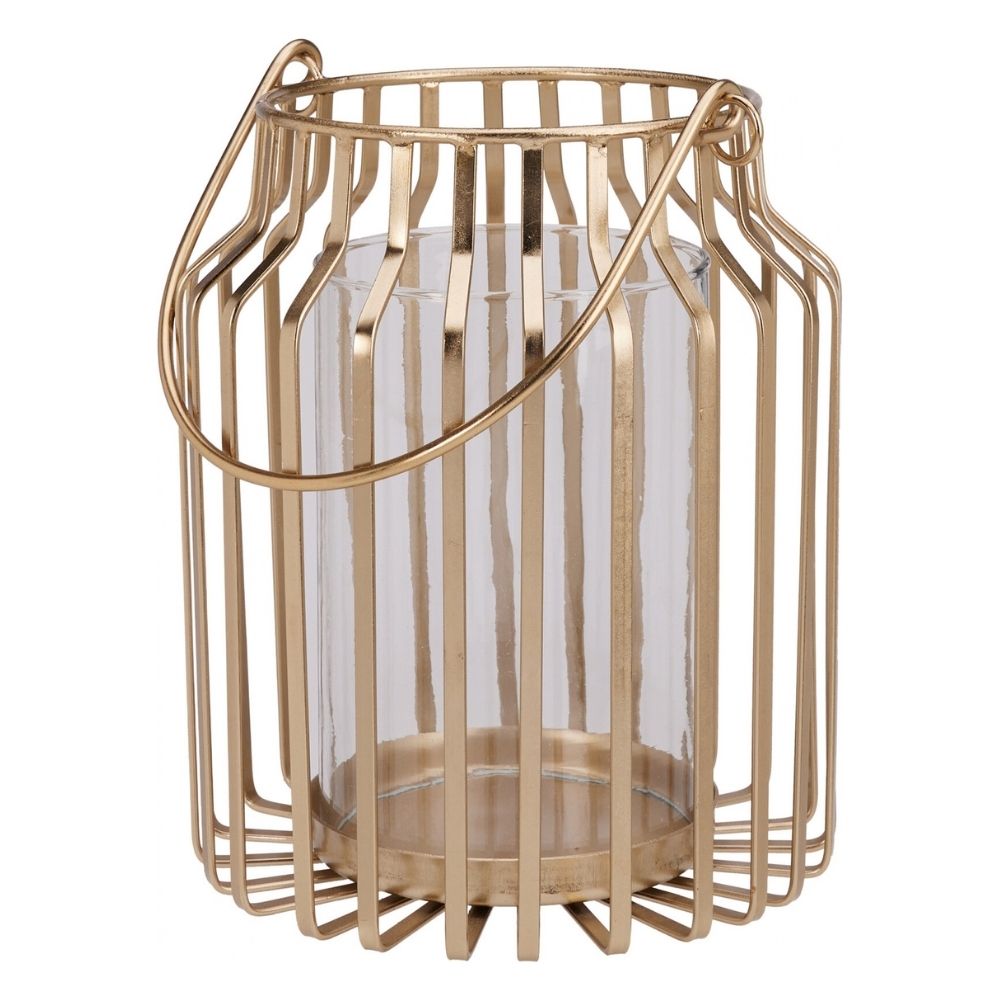 Koopman 21cm Metal Frame Glass Insert Lantern - Gold
