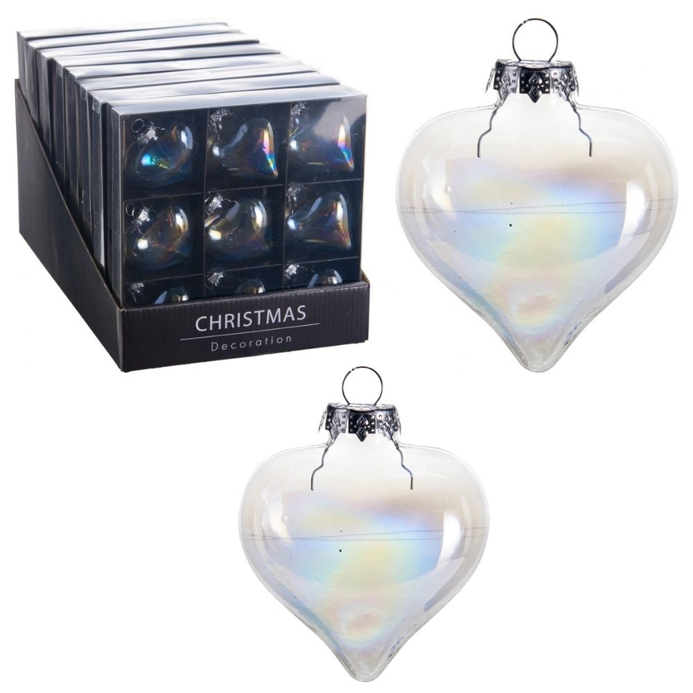Koopman 7.5cm Heart Glass Bauble - Iridescent - (Set of 9)