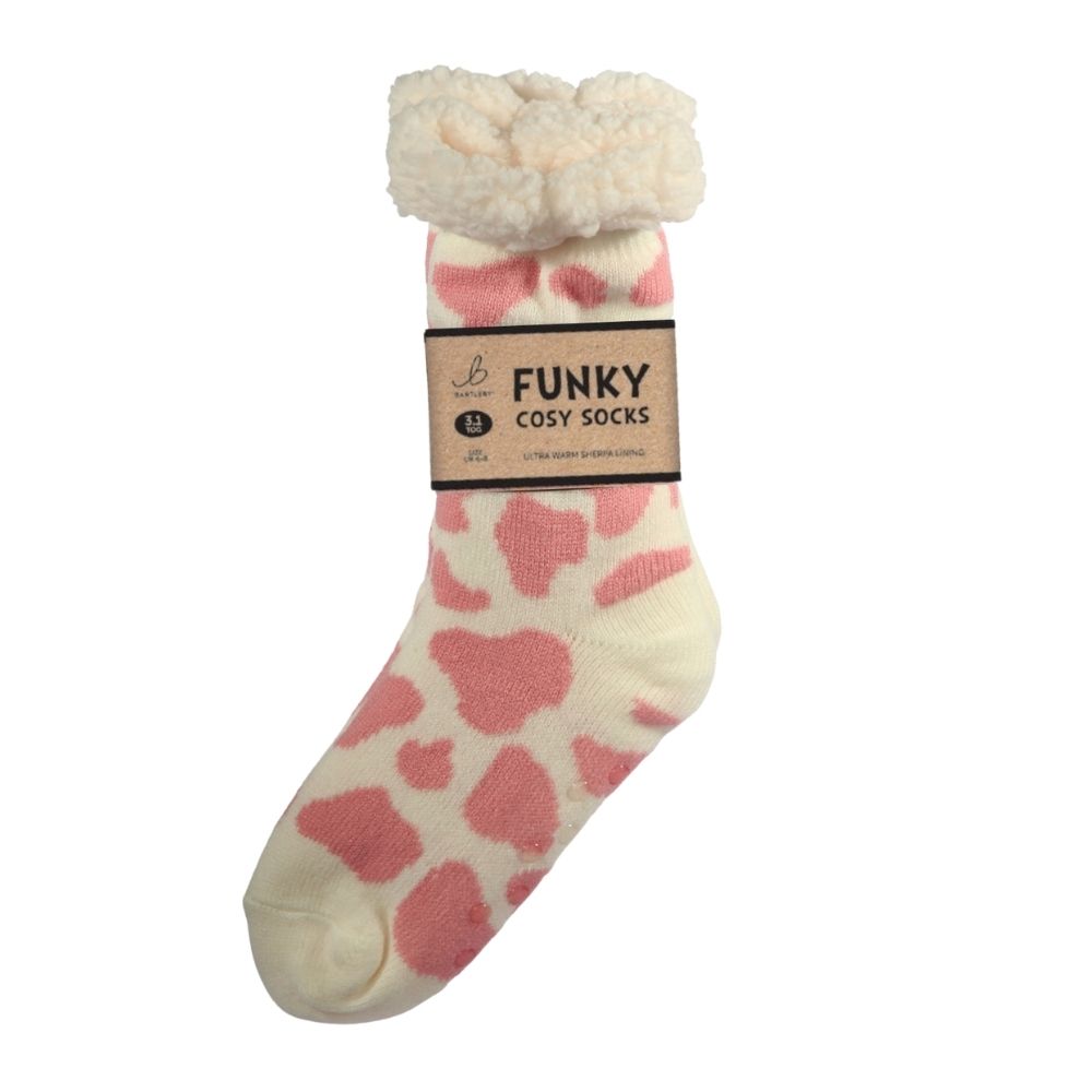 Bartleby Sherpa Socks Ladies Pink Cow Print - 4/8