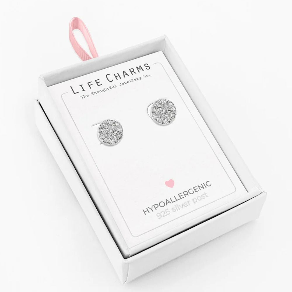 Life Charms Crystal Disc Silver Stud Earrings