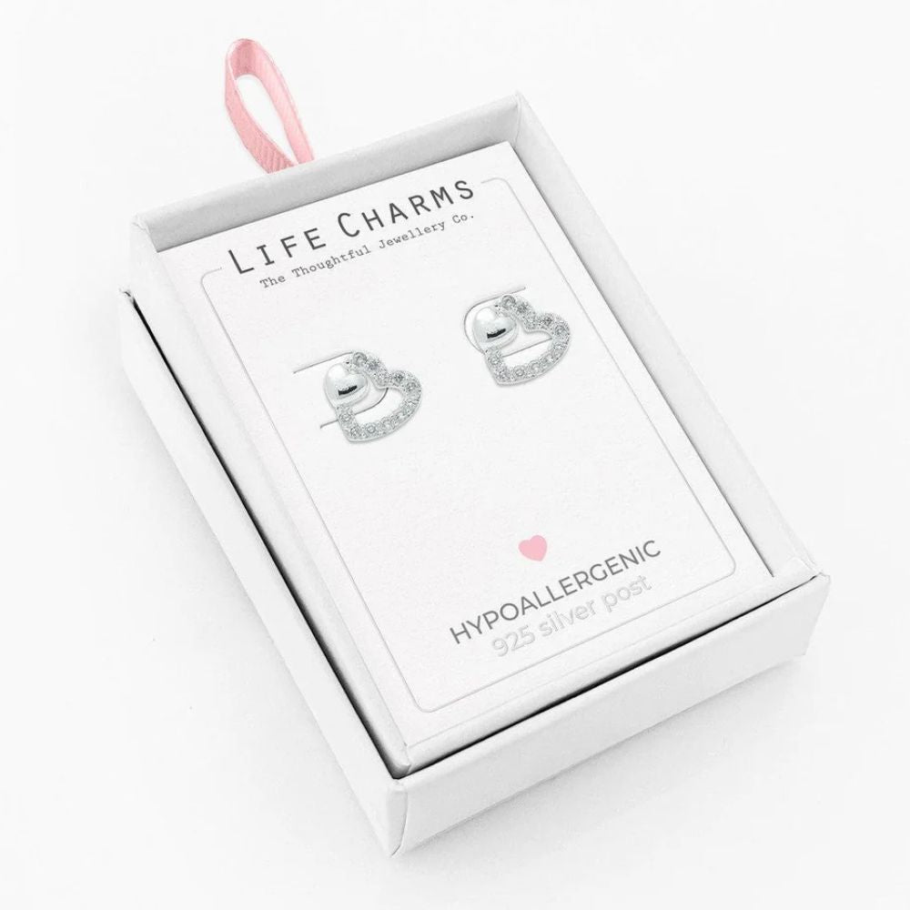 Life Charms Cz Silver Two Heart Stud Earrings