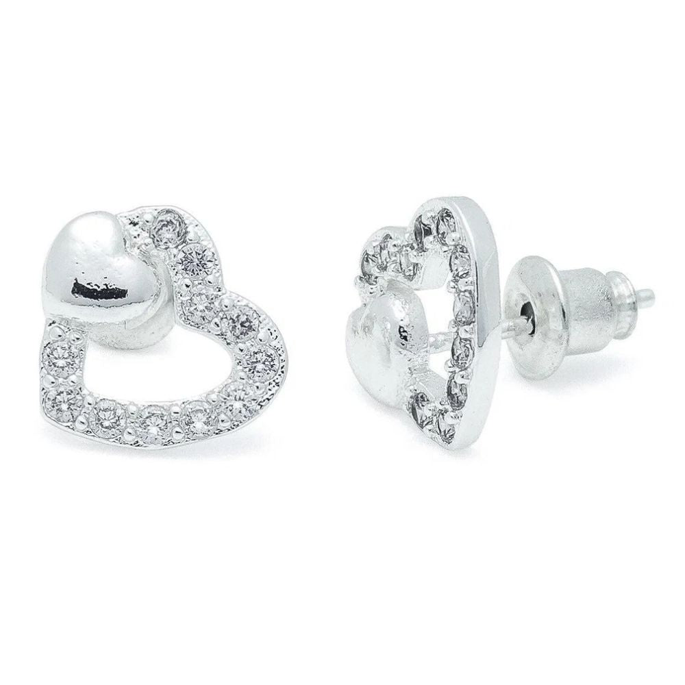 Life Charms Cz Silver Two Heart Stud Earrings