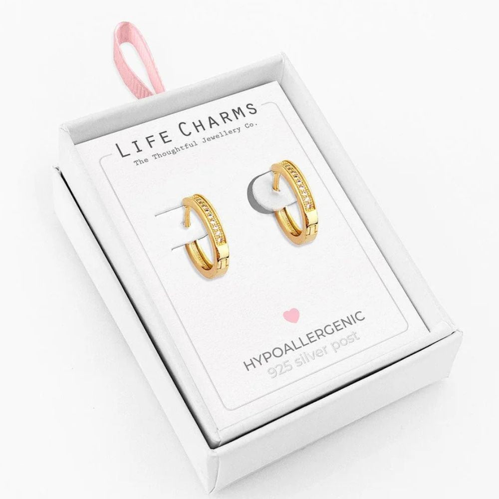 Life Charms Diamond Gold Hoop Earrings