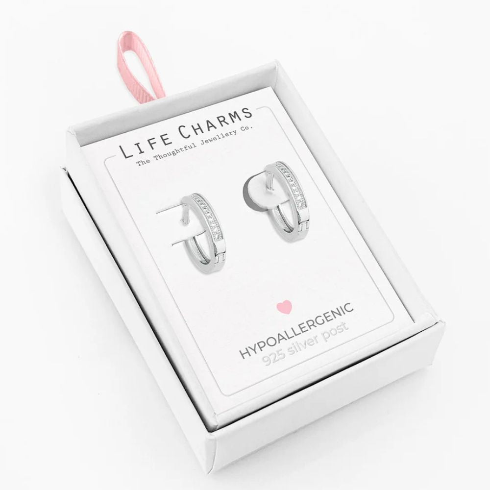 Life Charms Diamond Silver Hoop Earrings