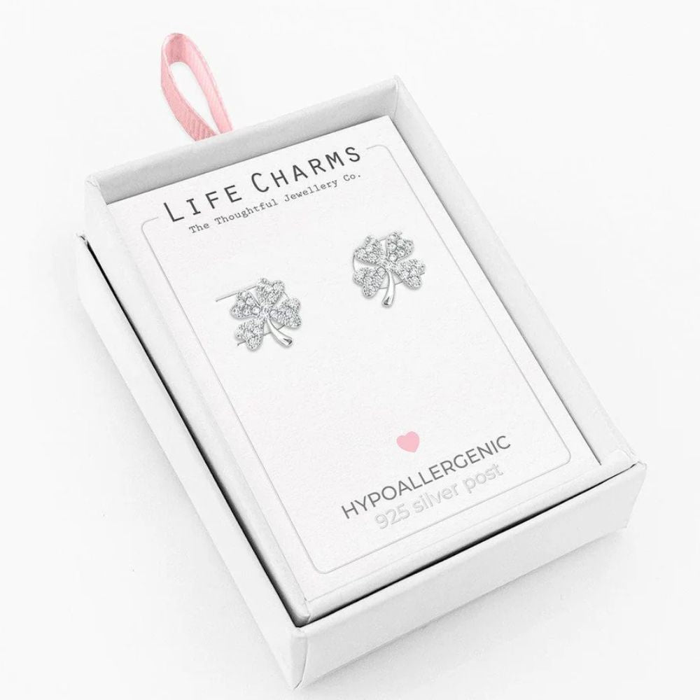 Life Charms Lucky Silver Clover Stud Earrings