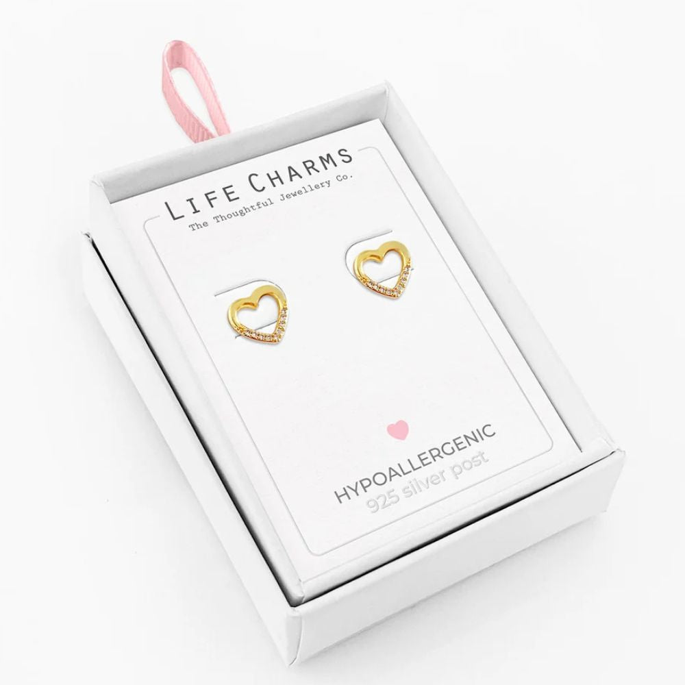 Life Charms Open Gold Heart Stud Earrings