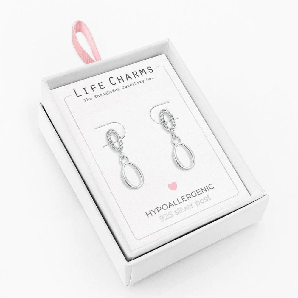 Life Charms Silver Drop Stud Earrings